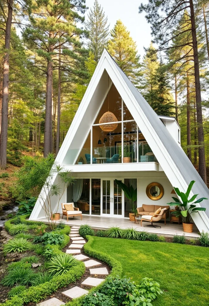 Bright off-white A-frame house with open interior