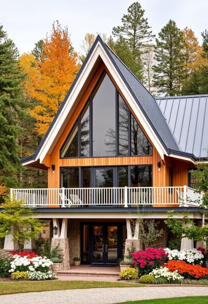 Mountain-style A-frame home with breathtaking views, featuring large picture windows and wood siding.