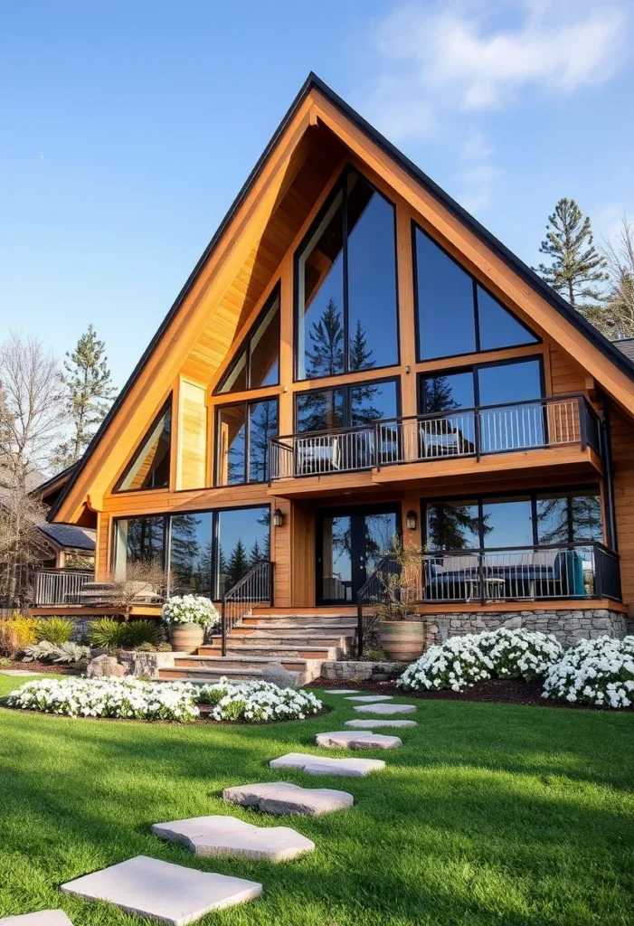 Mountain-style A-frame forest retreat with breathtaking views, featuring a stone pathway and expansive windows for a secluded atmosphere.