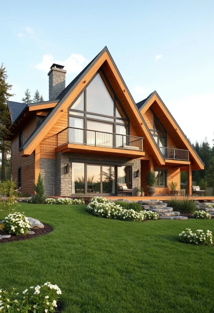 Mountain-style multi-A-frame home with breathtaking views, featuring a unique design with connected structures, stone accents, and a large deck.