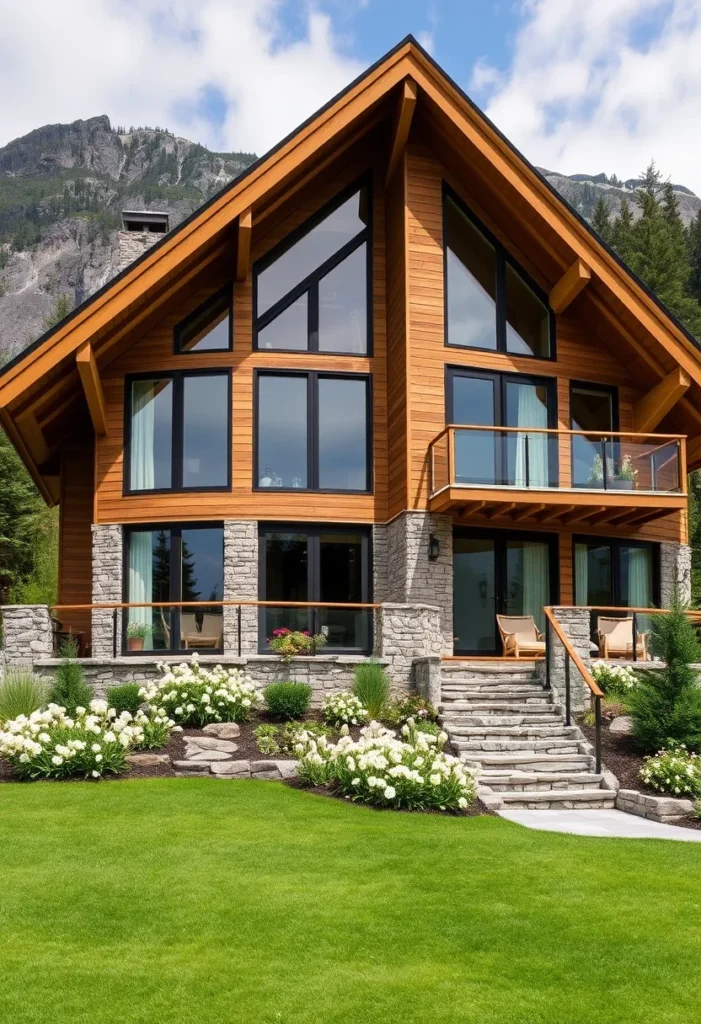 Mountain-style A-frame home with breathtaking mountain views, featuring stone accents, wood siding, and a balcony for enjoying the scenery.