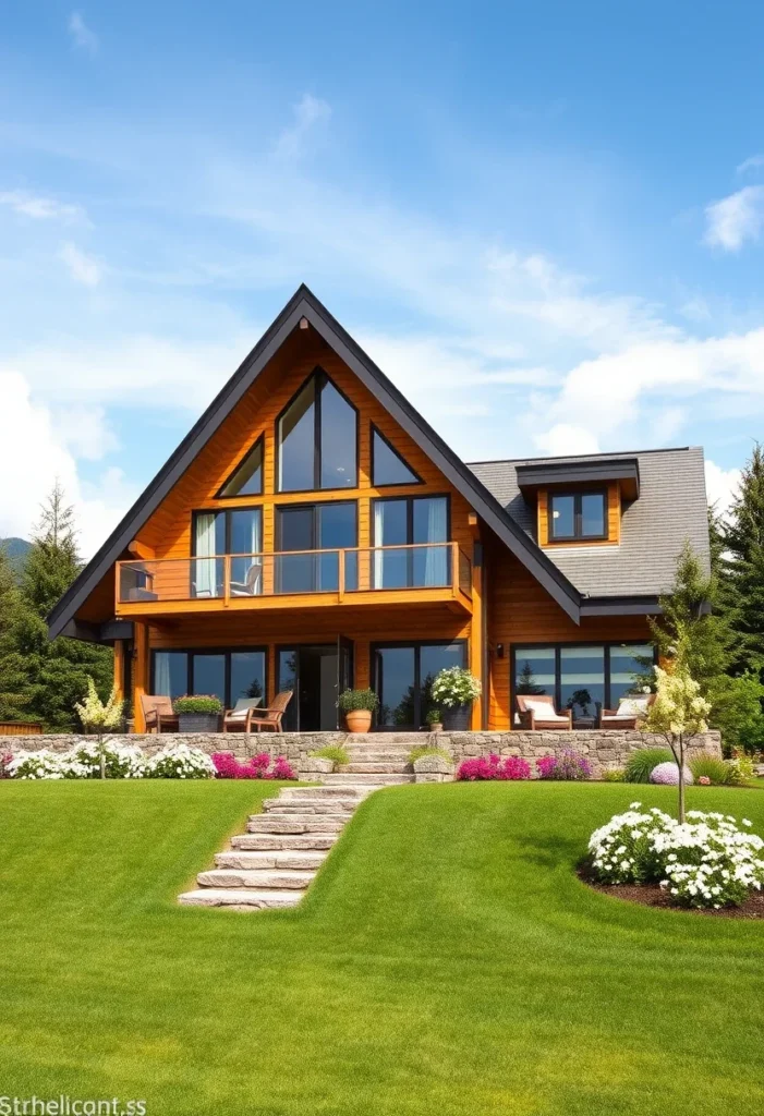 Mountain-style A-frame home with breathtaking views, highlighting timber design with expansive windows and a multi-level structure.