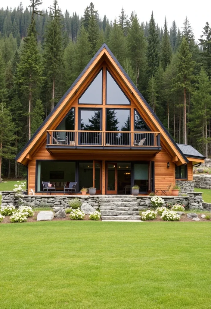 Secluded mountain-style A-frame cabin with breathtaking views, featuring a private balcony and stone accents, surrounded by forest.