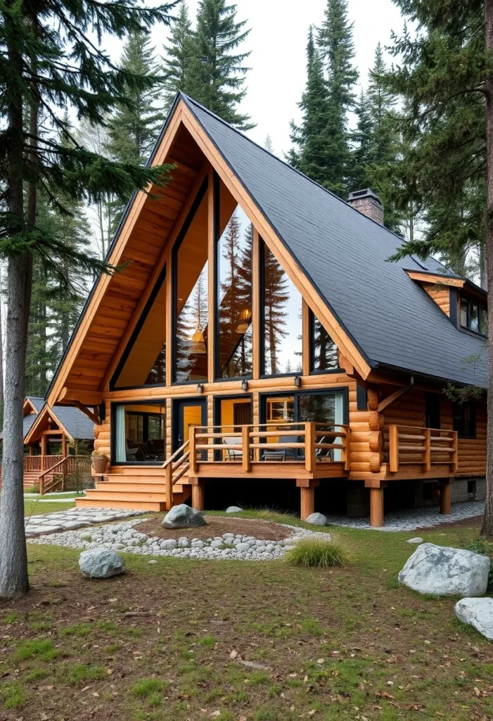 Classic mountain-style A-frame house with breathtaking views, featuring floor-to-ceiling windows, log-style siding, and a modern design.