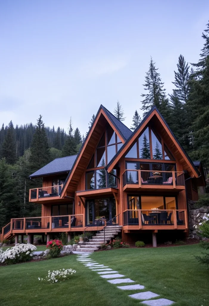 Mountain-style A-frame cabin with breathtaking views, featuring multiple decks, warm wood tones, and a welcoming stone pathway.