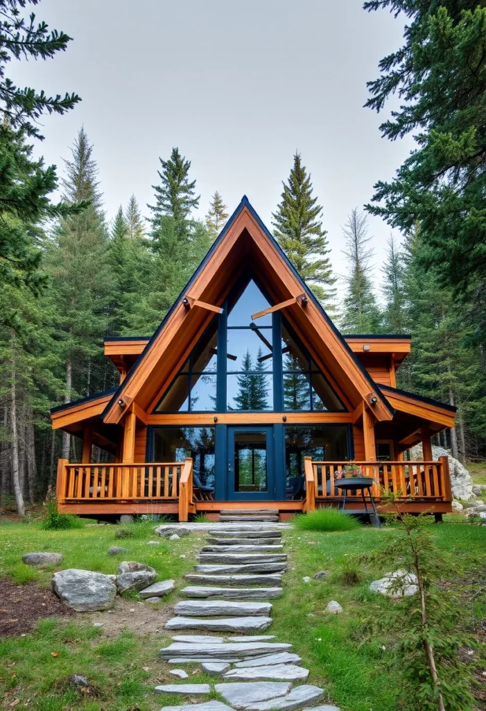 Intimate mountain-style A-frame cabin with breathtaking views, nestled in the woods with a charming stone path and warm, inviting design.