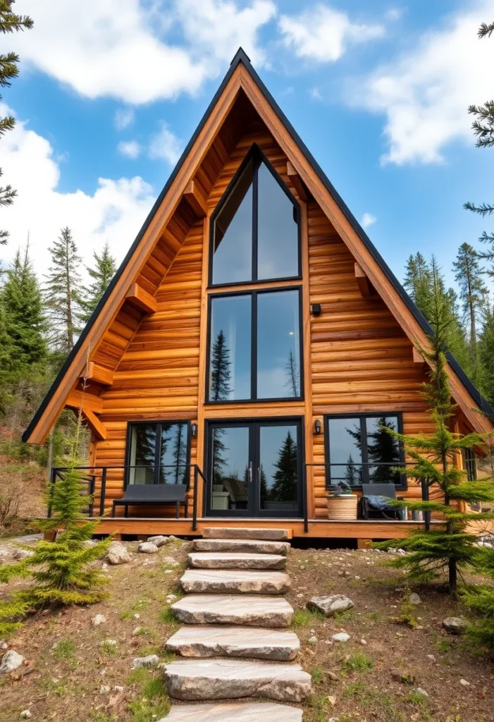 Modern mountain-style A-frame log cabin with breathtaking views, featuring horizontal log siding, expansive windows, and a contemporary design.