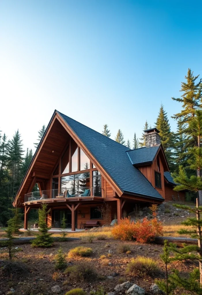 Mountain-style A-frame homes forest retreat with breathtaking views, nestled on a hillside with a balcony, stone chimney, and natural wood siding.