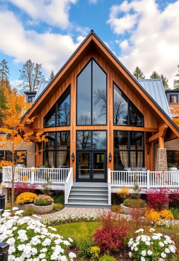 Rustic mountain-style A-frame home with breathtaking views, featuring floor-to-ceiling windows and stone accents.