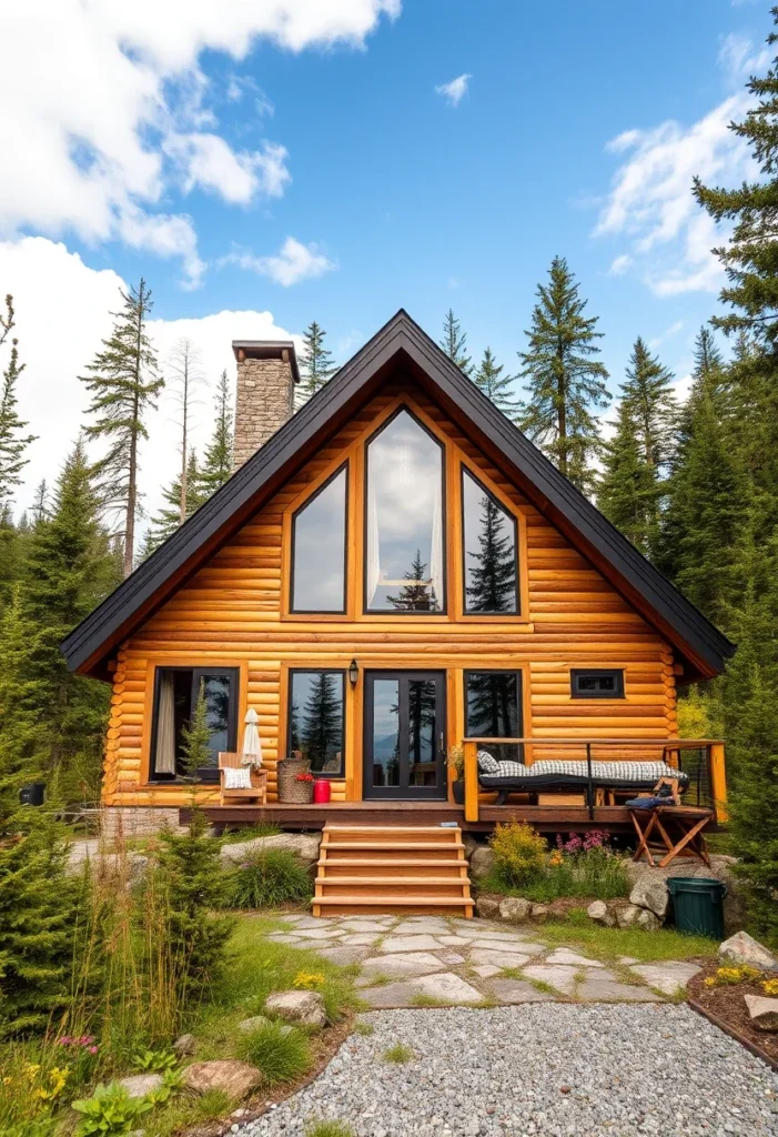 Mountain-style A-frame homes with breathtaking views, featuring horizontal log siding, a stone chimney, and a spacious deck for a relaxing getaway.