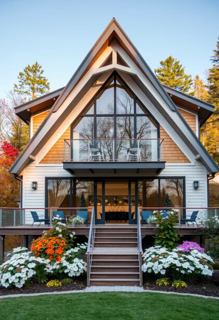 Contemporary mountain-style A-frame home with breathtaking views, featuring a glass balcony railing and expansive windows.