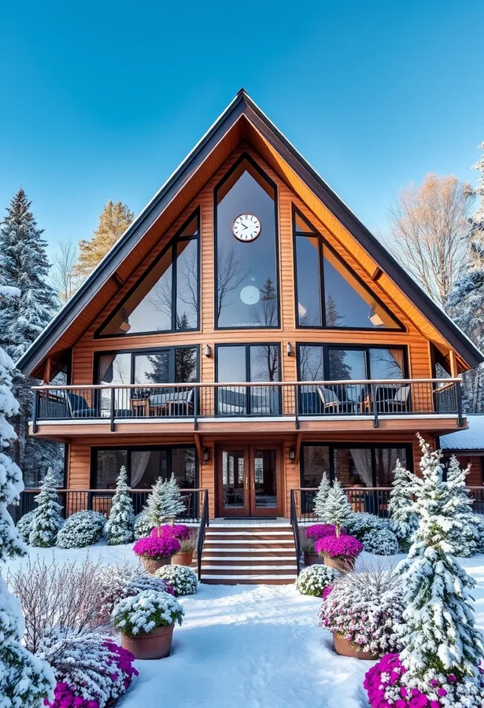 Cozy mountain-style A-frame home with breathtaking views in winter, featuring a central clock and warm wood siding.