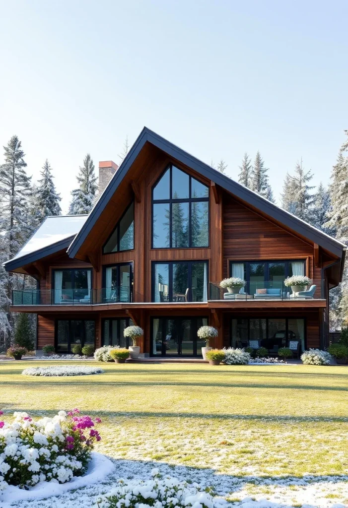 Rustic, mountain-style A-frame home with breathtaking views, showcasing a blend of wood and steel design elements.