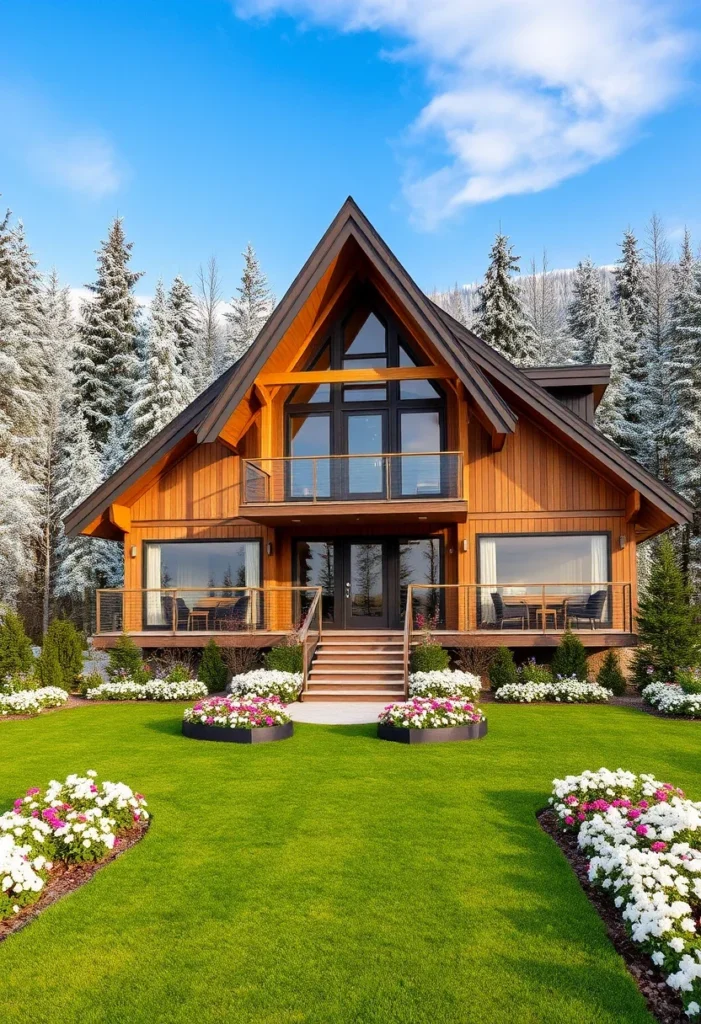 Mountain-style A-frame home with breathtaking views, featuring a wraparound deck and large windows, ideal for lakeside living.