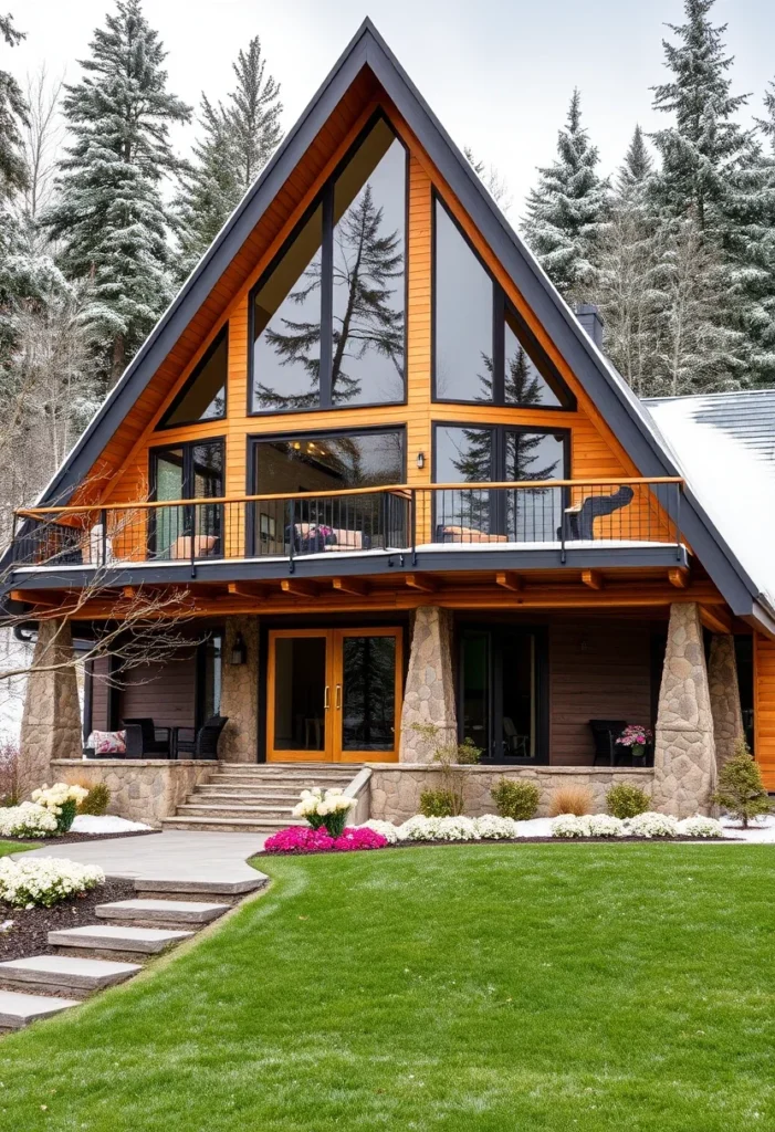 Cozy mountain-style A-frame cabin with breathtaking views, featuring stone pillars, a balcony, and wood siding.