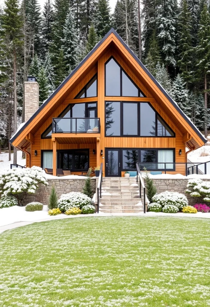 Mountain-style A-frame chalet with breathtaking views, featuring stone accents, a prominent chimney, and a snowy setting.