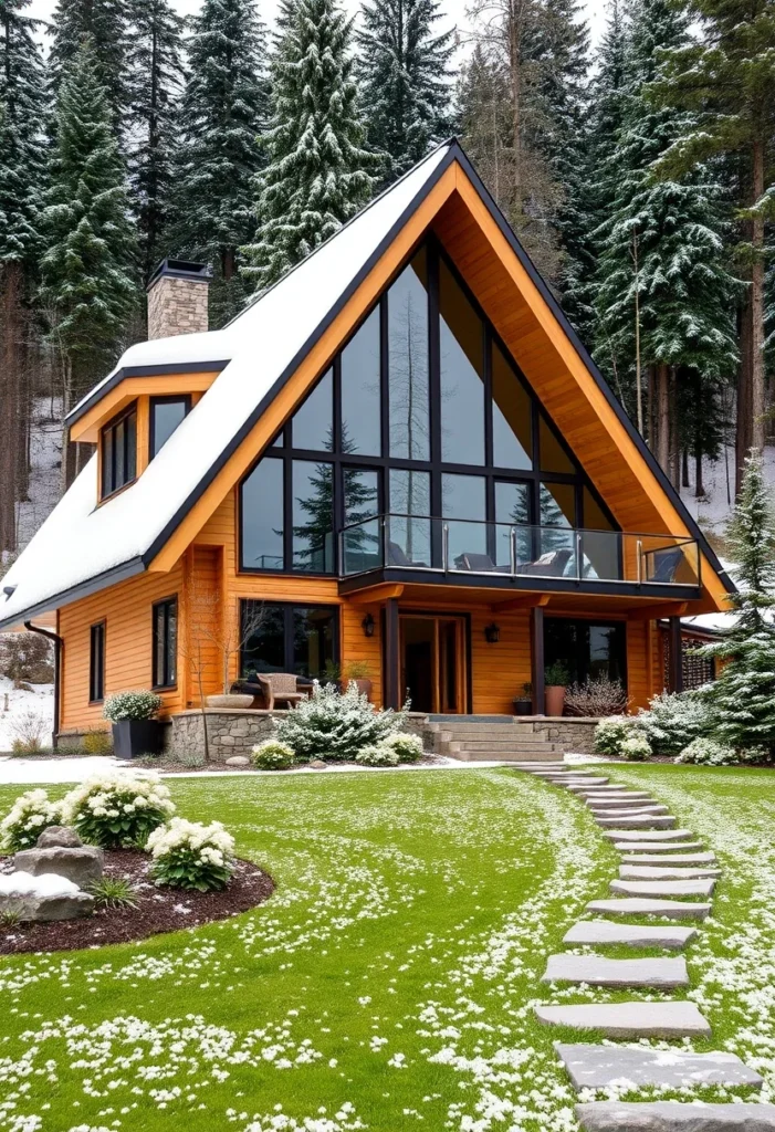 Mountain-style A-frame cabin with breathtaking views, nestled in the woods with a stone chimney and snow-covered roof.