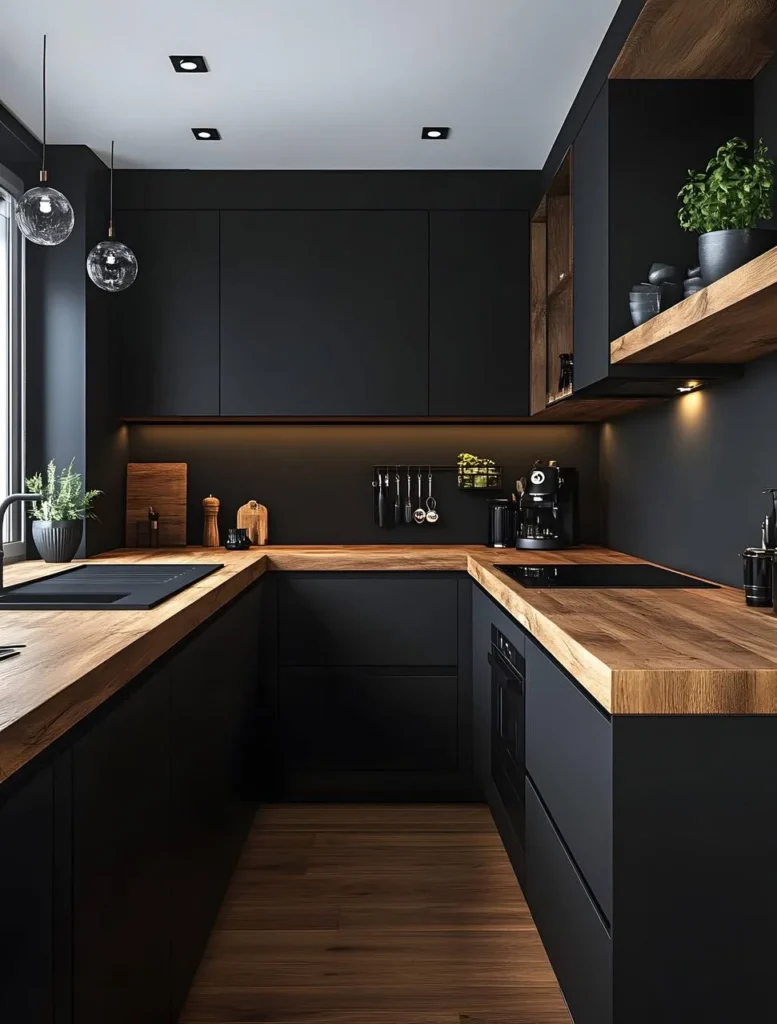 Modern black and wood kitchen design with sleek cabinets and countertops.