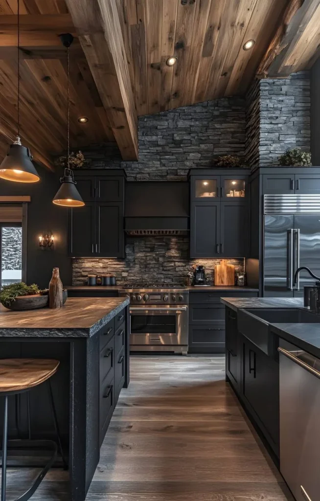 Rustic black and wood kitchen with a stone backsplash and wood ceiling.