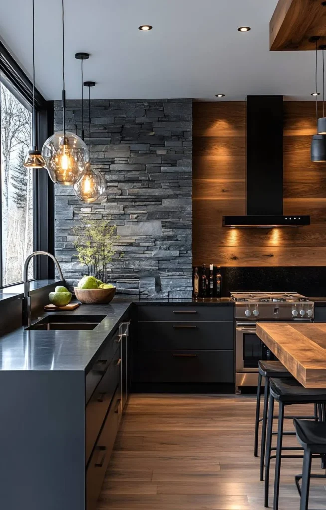 Modern black kitchen with wood paneling, stone accent, and integrated dining.