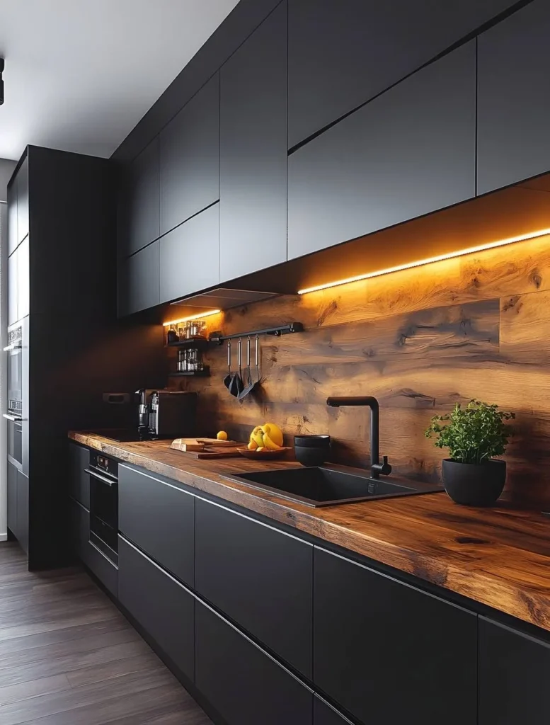 Modern black kitchen with a stunning wood backsplash and countertop.