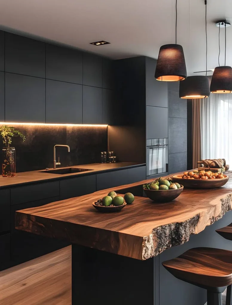 Modern black kitchen with a striking live-edge wood island countertop.