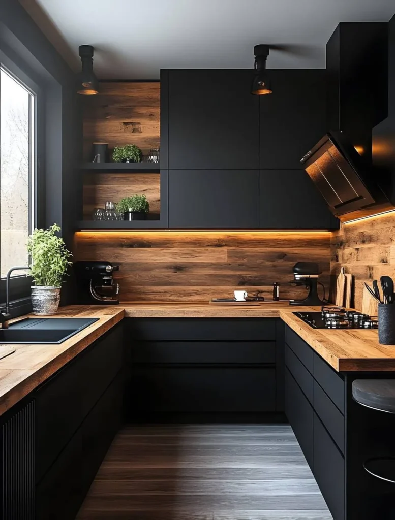 Black and wood kitchen with continuous wood countertops and backsplash.