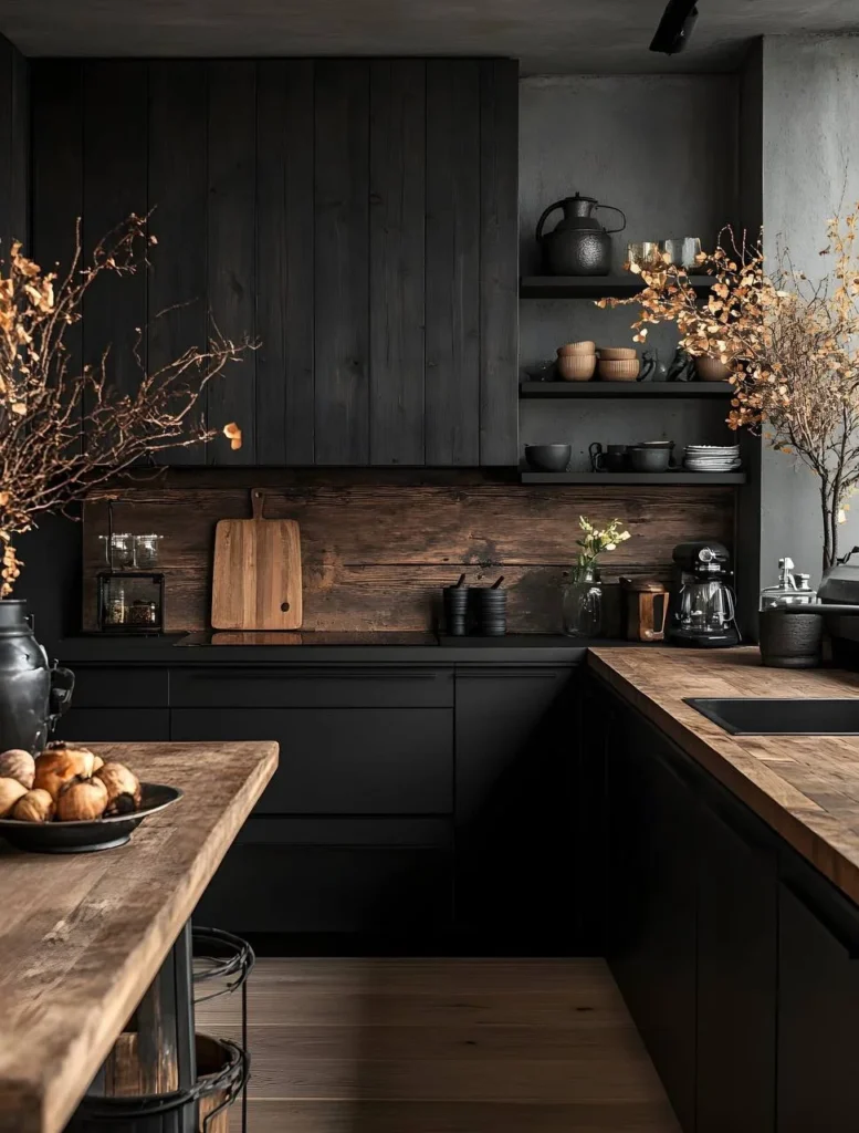 Dark wood kitchen with vertical paneling and a contrasting wood backsplash.