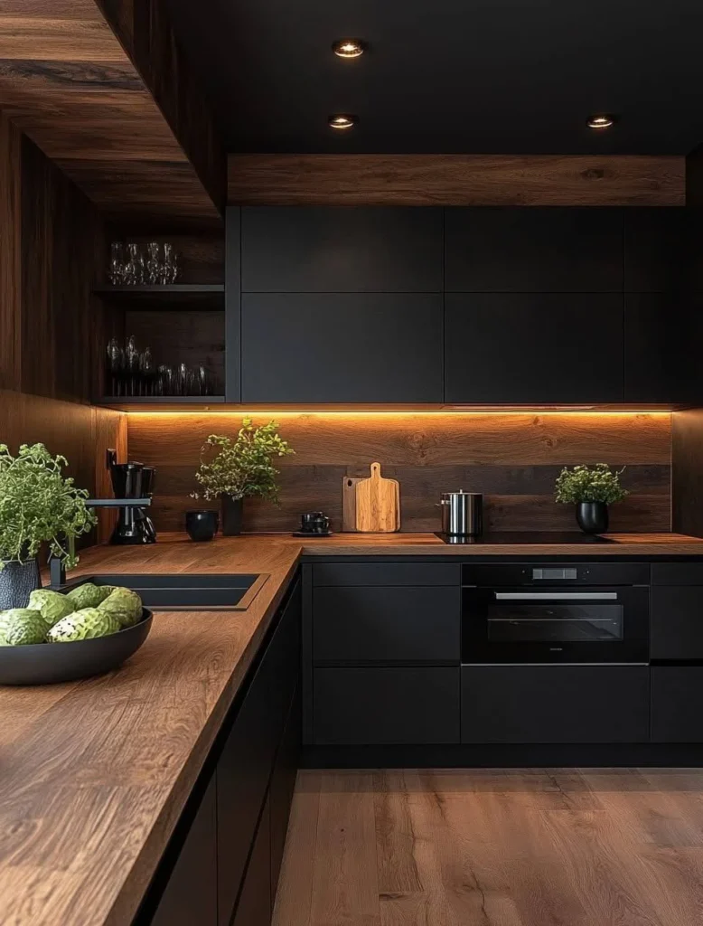 Black and wood kitchen featuring continuous wood countertops and overhead trim.