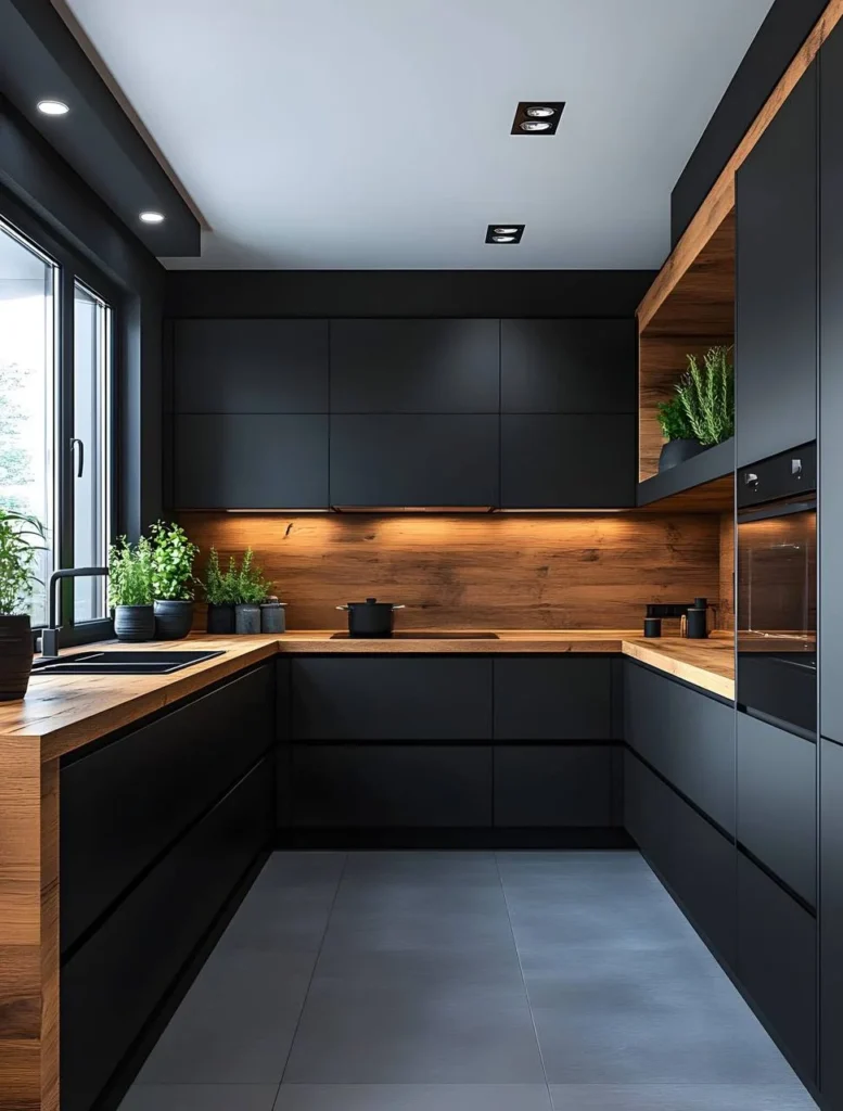 Black and wood kitchen with abundant natural light and a spacious layout.