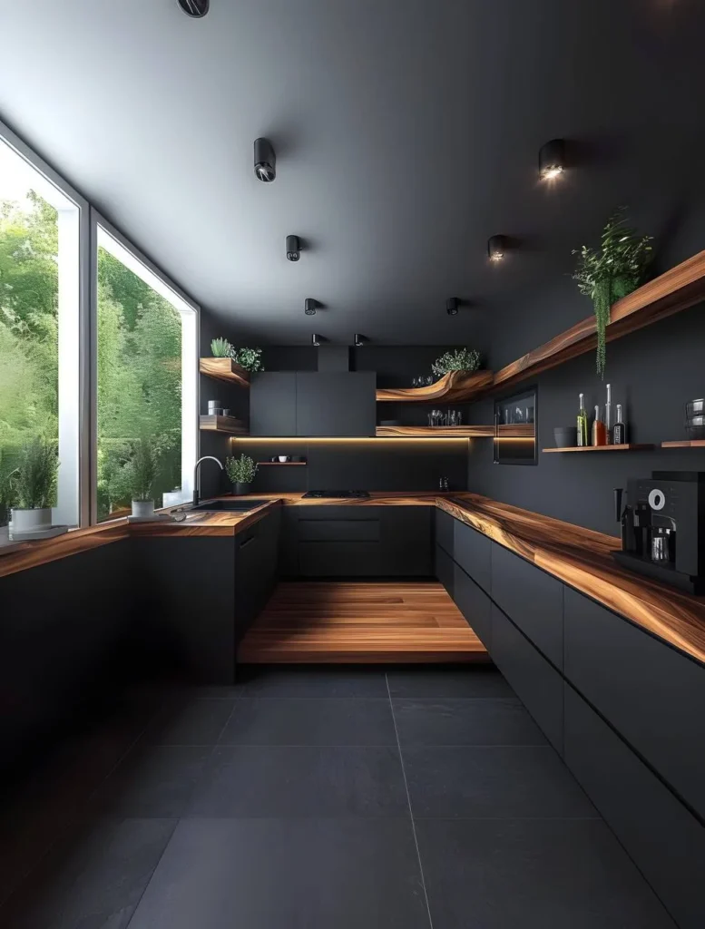 Black kitchen with extensive dark wood countertops and open shelving.