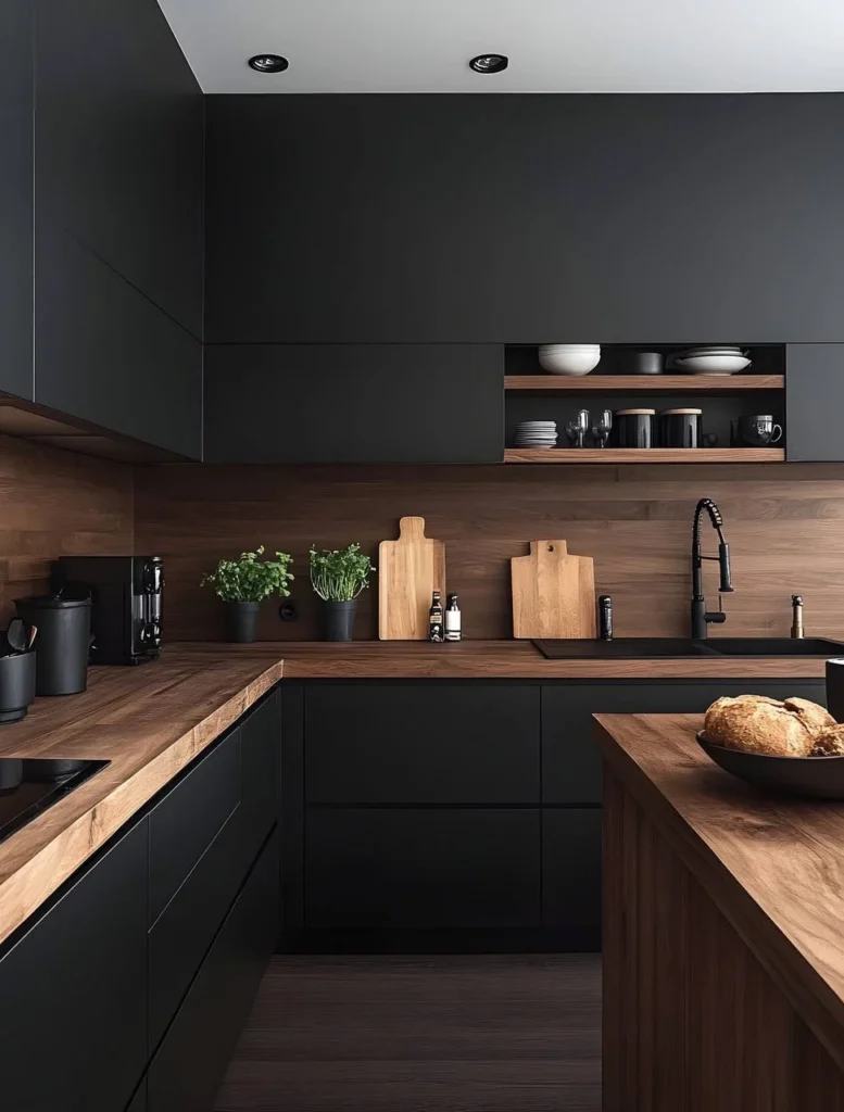 Black and wood kitchen featuring matching wood countertops on counters and island.