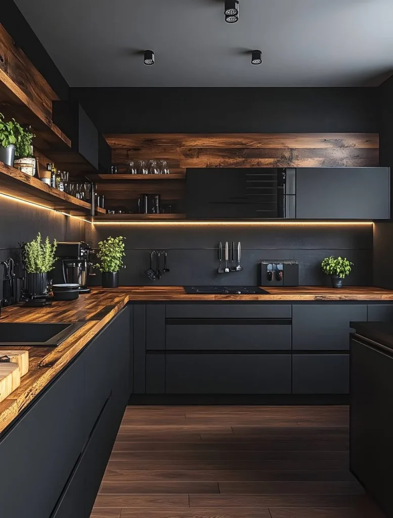 Black and wood kitchen with a prominent wood band above the upper cabinets.