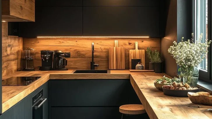 Black kitchen with a wood countertop extending into a breakfast bar.