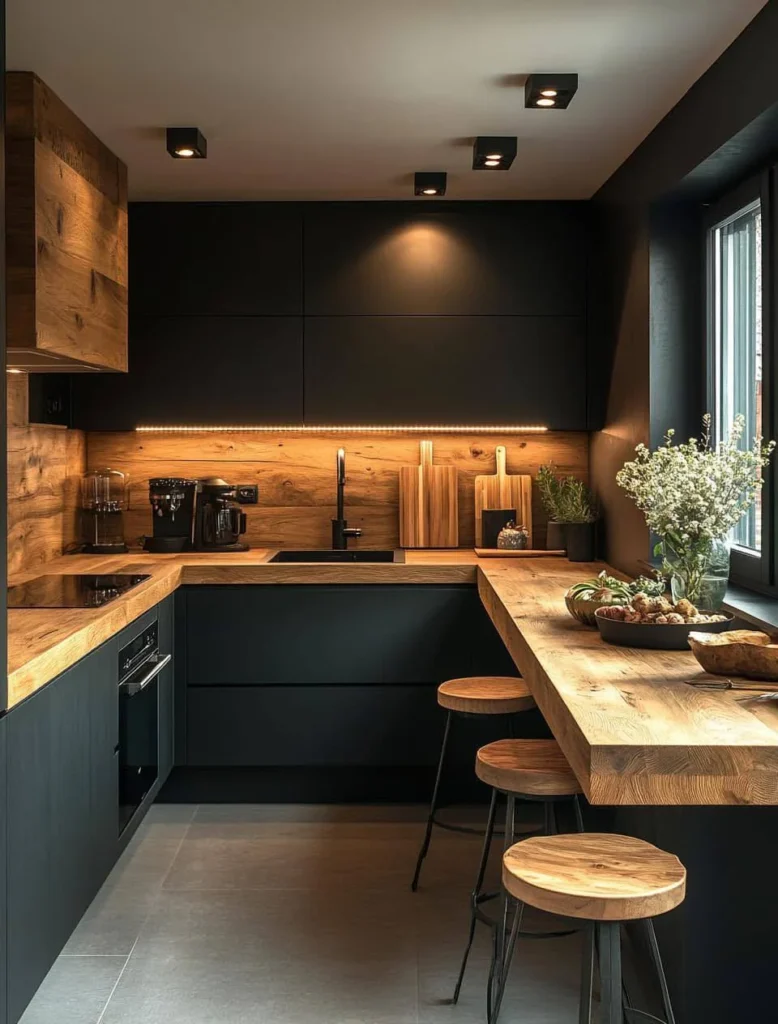 Black kitchen with a wood countertop extending into a breakfast bar.