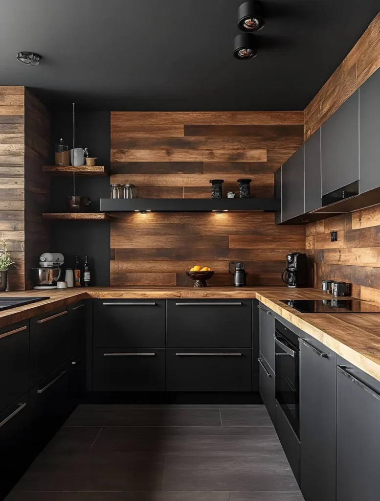 Black kitchen featuring a full wall of horizontal wood paneling.