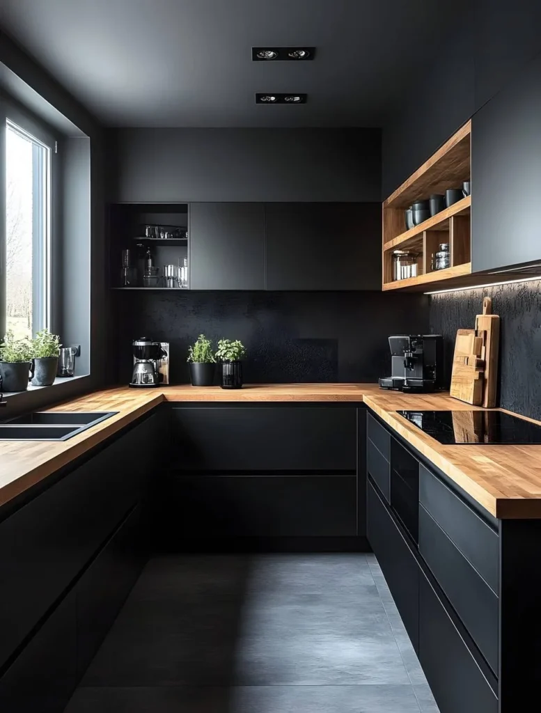 Mostly black kitchen with subtle wood countertop and shelving accents.