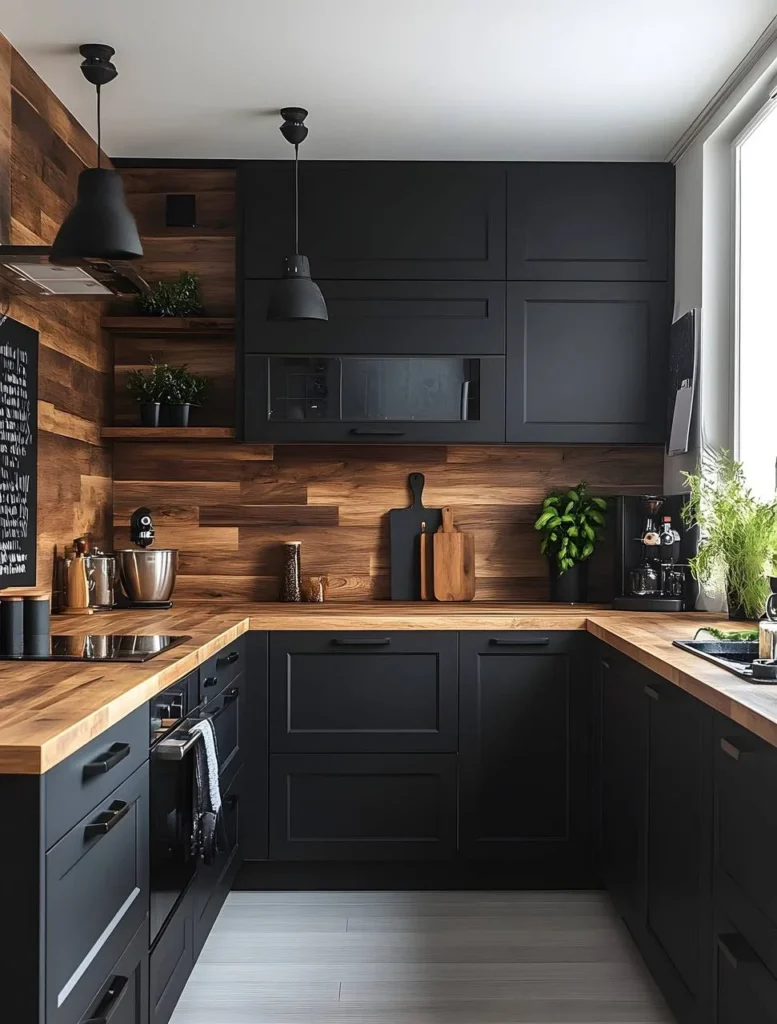 Black and wood kitchen with extensive horizontal wood paneling.