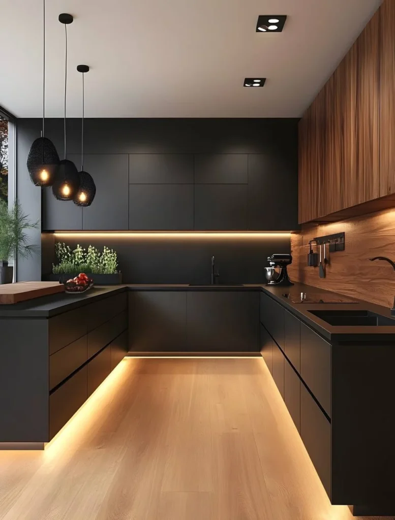 Black kitchen with dramatic under-cabinet and toe-kick lighting and wood accents. wood kitchen designs