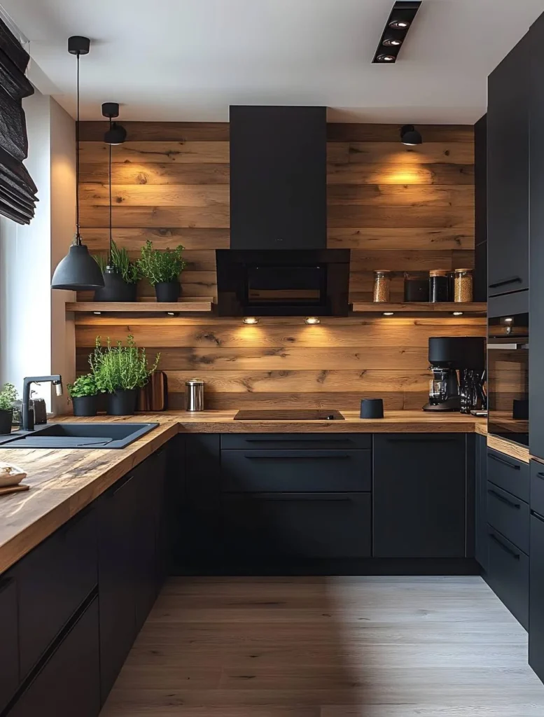 Black and wood kitchen with a prominent rustic wood backsplash and wall paneling. wood kitchen designs