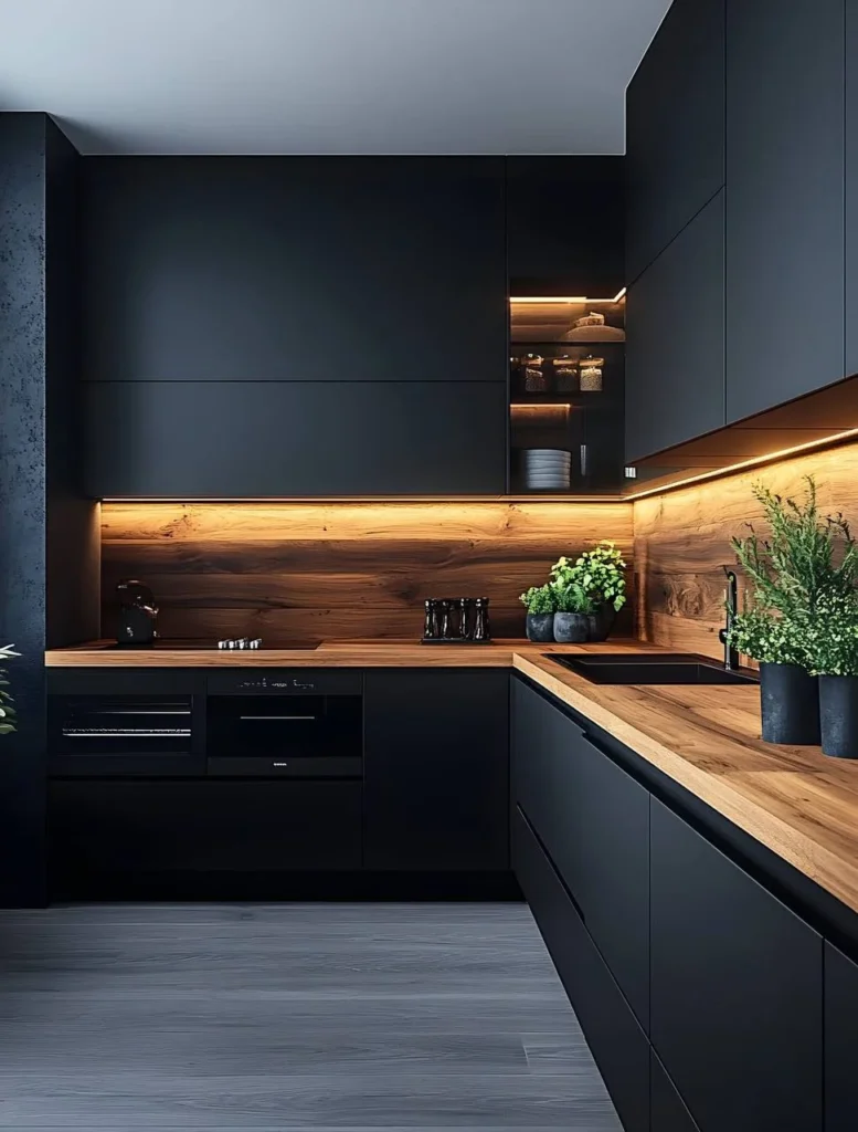 Black and wood kitchen with under-cabinet lighting emphasizing the wood tones.