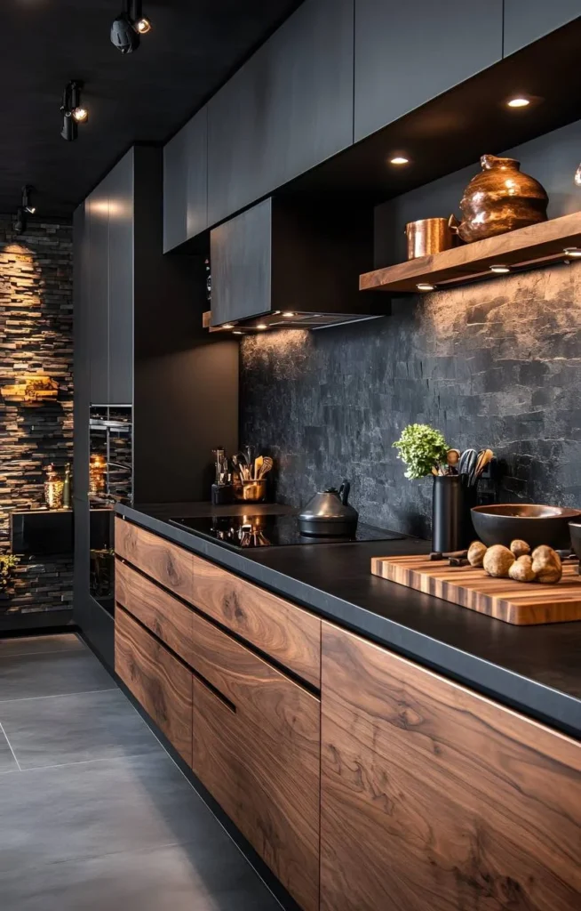 Kitchen showcasing walnut wood cabinets against a dark, textured backsplash.