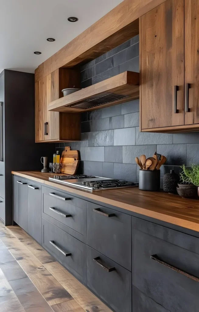 Kitchen with rustic wood upper cabinets and dark gray lower cabinets.