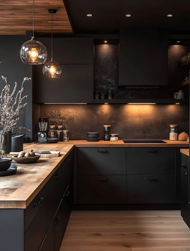 Black kitchen cabinets with wood countertops and a wood-paneled ceiling.