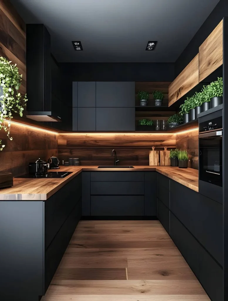 Black kitchen with vertical wood paneling and accent lighting.