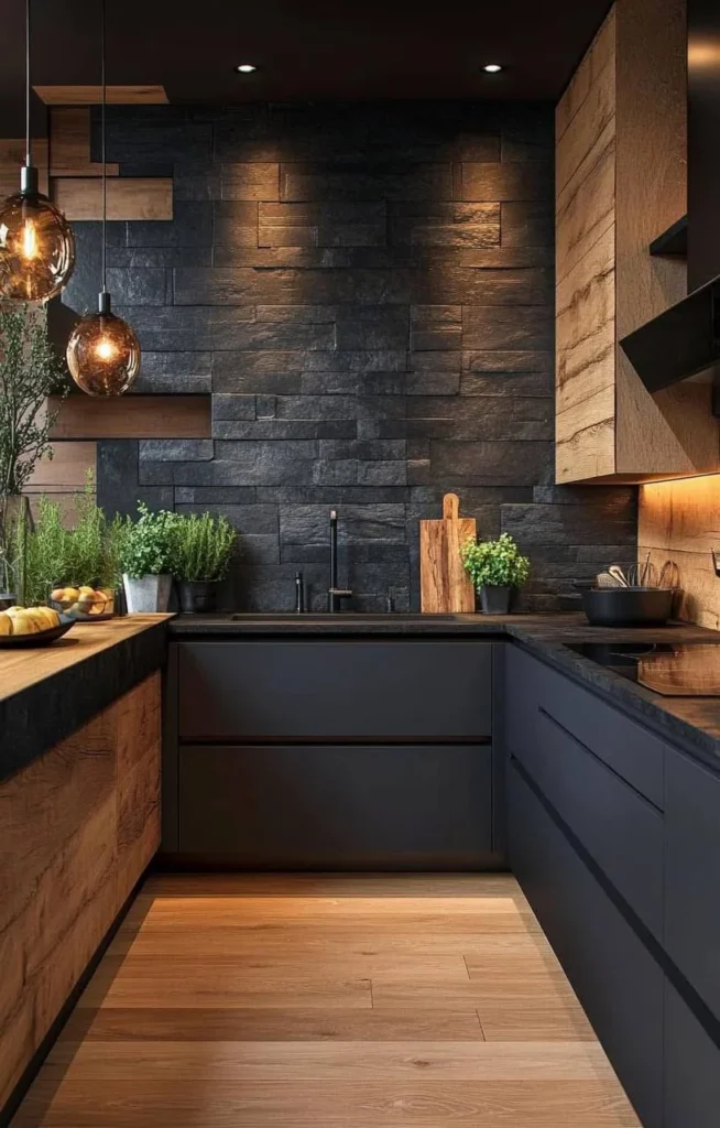 Kitchen combining black cabinets, a stone backsplash, and light wood accents.