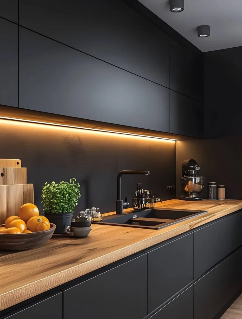 Sleek black kitchen with a solid wood countertop and minimalist design.