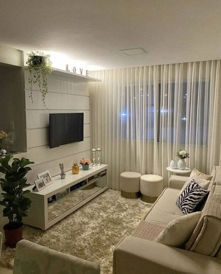 Cozy living room setup with organized TV stand and soft furnishings.