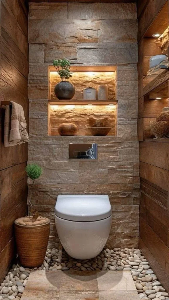 Bathroom recessed niche above toilet with stone and lighting.