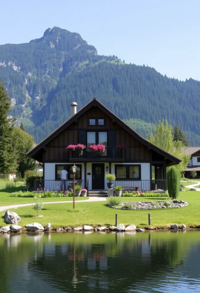 Picturesque alpine chalet design with a garden reflecting in a tranquil pond.